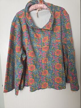 NATURAL LIFE Floral Half-Zip Pullover Jacket in Teal, Pink and Orange